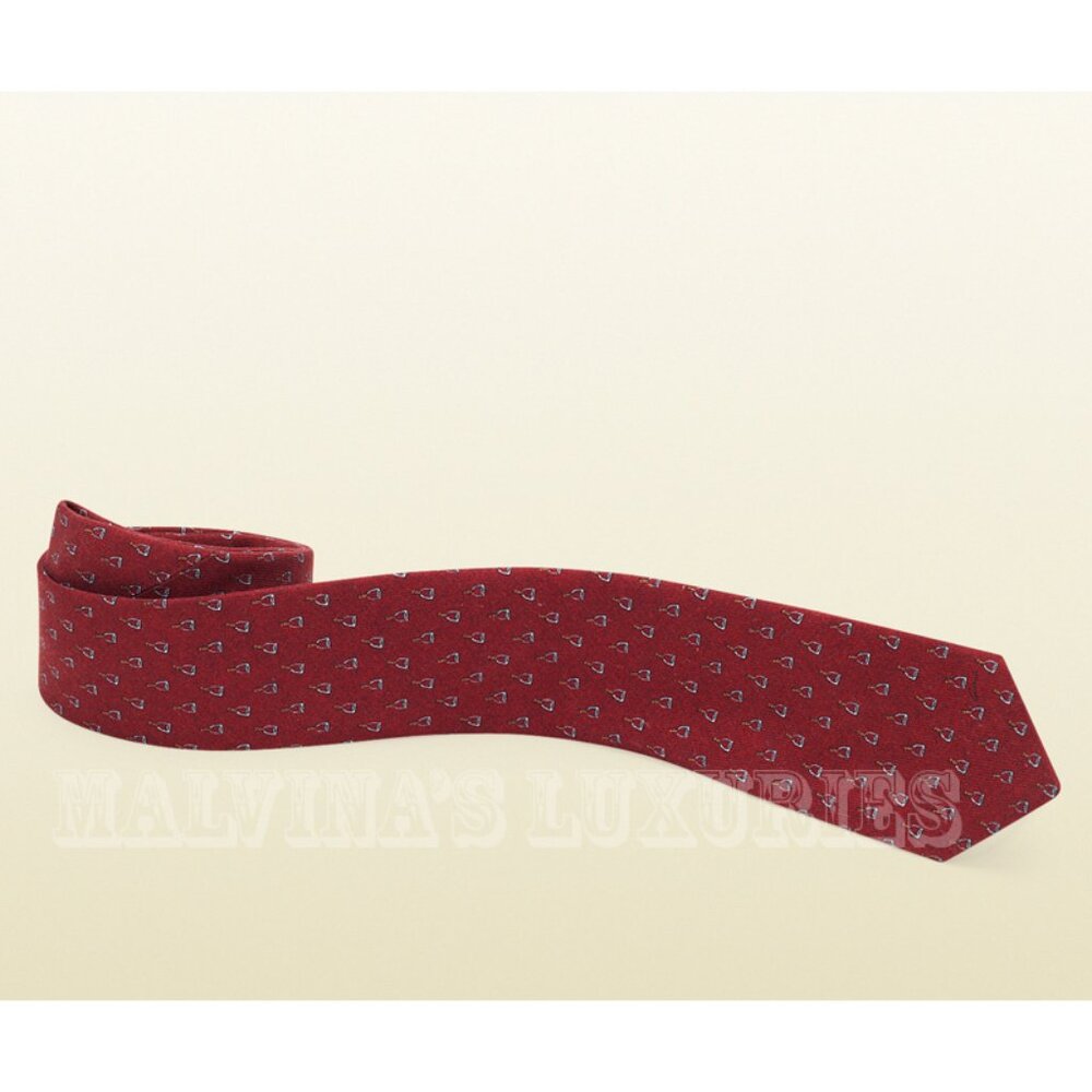 GUCCI TIE RED & LIGHT GREY STIRRUP PRINT SILK  NEW AUTH - Picture 2 of 3